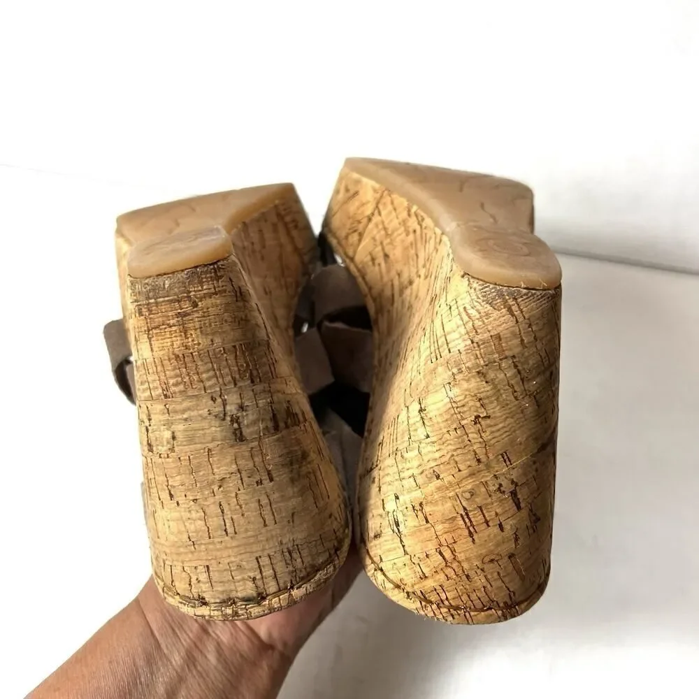 Born Tan Suede Wedge Cork Sandals Womens Sz 11 M Slip On Open Toe Comfort Casual